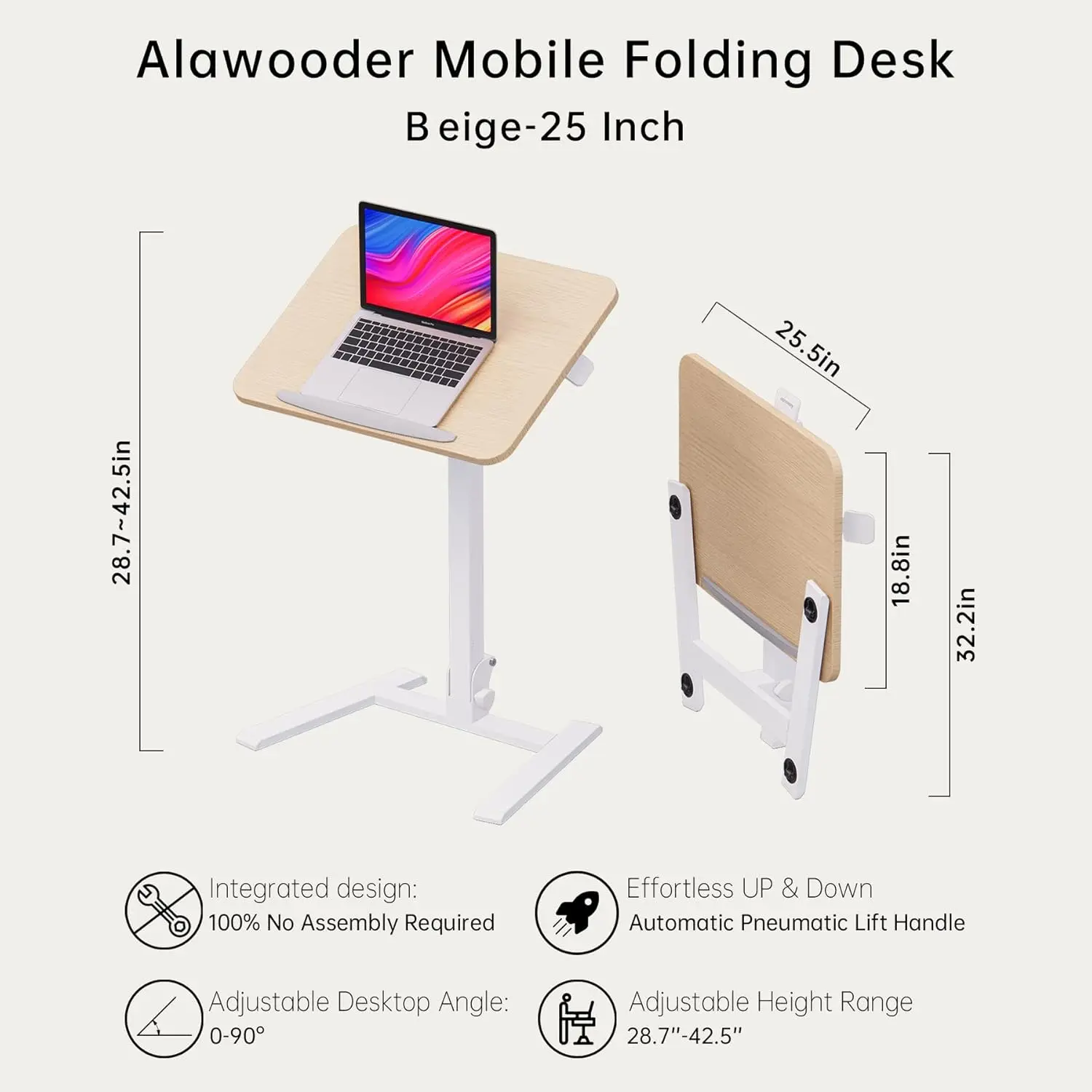 Mobile Folding Desk - 25 Inch Space-Saving Portable Sit-Stand Desk with Wheels, Height Adjustable for Home Office,Free Shipping
