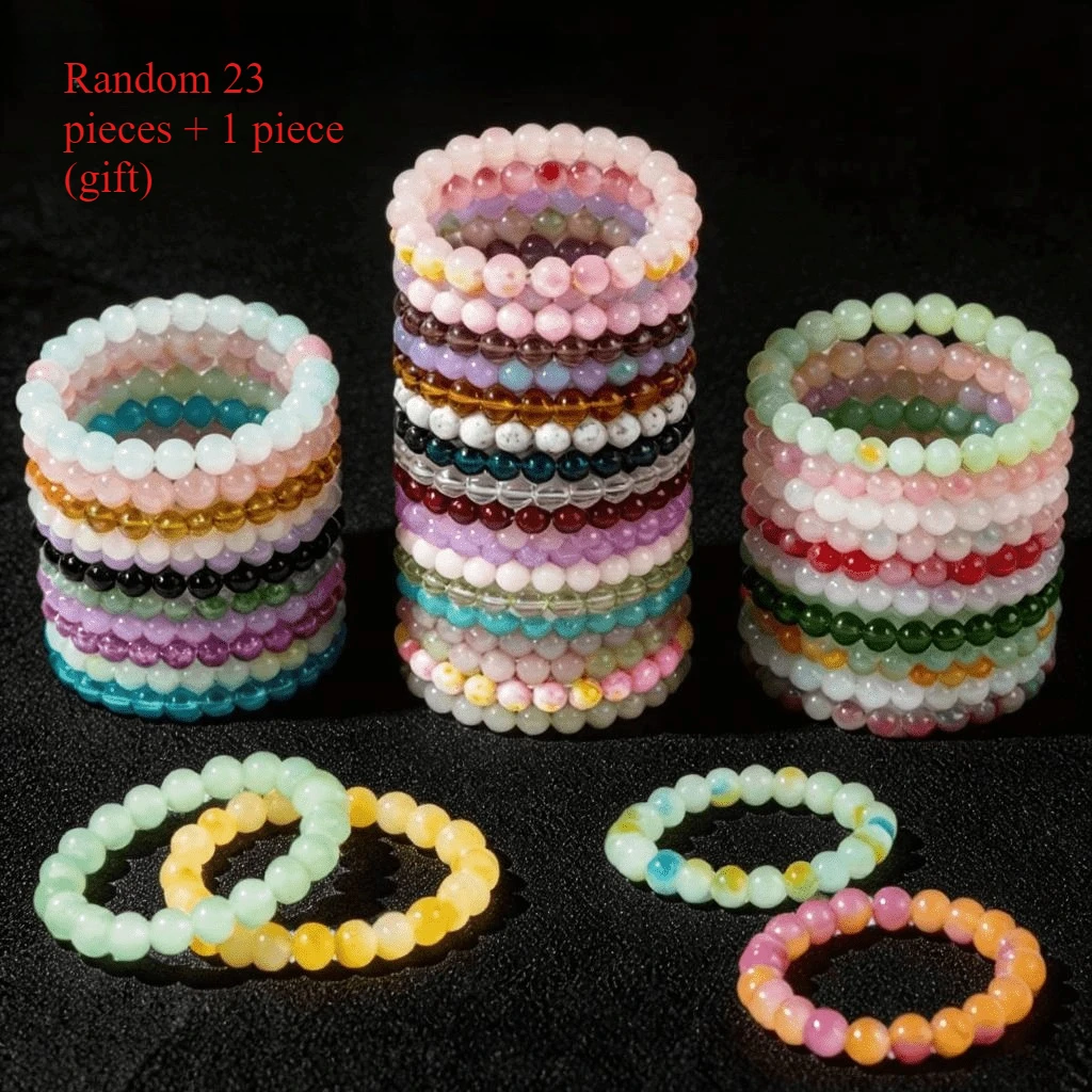 Random 23 Pieces + 1 Piece (Gift) Stackable Elastic Beaded Bracelets for Men and Women, Multi-Color Glass Appearance Elastic Wristbands, Bohemian Casual Random Bracelet Wholesale Set, Suitable for Daily Wear, Beach, Party and Holiday Gifts