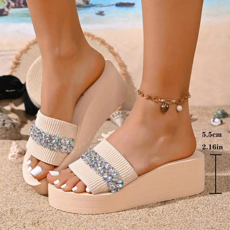 

Luxury Rhinestore Crystal Beach Sandals Women Summer 2026 Lightweight Cloud Thick Bottom Flip Flops Wedge Heel Slippers Women