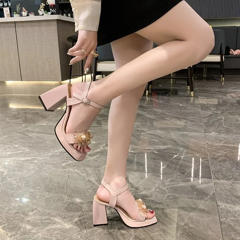 One Word Belt Sandals Women\'s 2022 Summer New Thick Heel Niche Rhinestone Pink Fairy Wind High-heeled Sandals Women