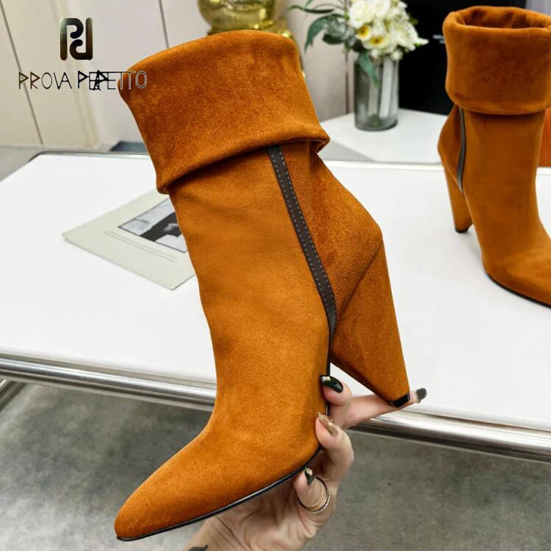 

Spike Heel Ladies Ankle Short Boot Folded Leather Flock Fashionable Autumn Winter 2023 New Arrival Botas Pointy Toe Elegant Bota