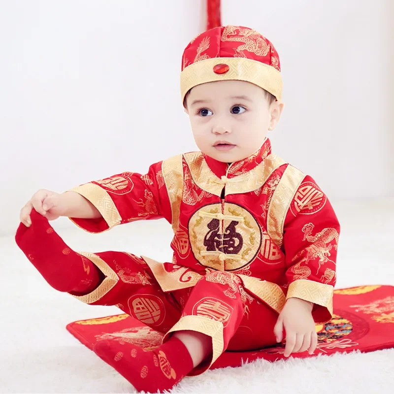 Setelan pakaian anak-anak tradisional Cina, setelan Festival Musim Semi Cina, pakaian Tahun Baru, Set kostum Fotografi satu tahun