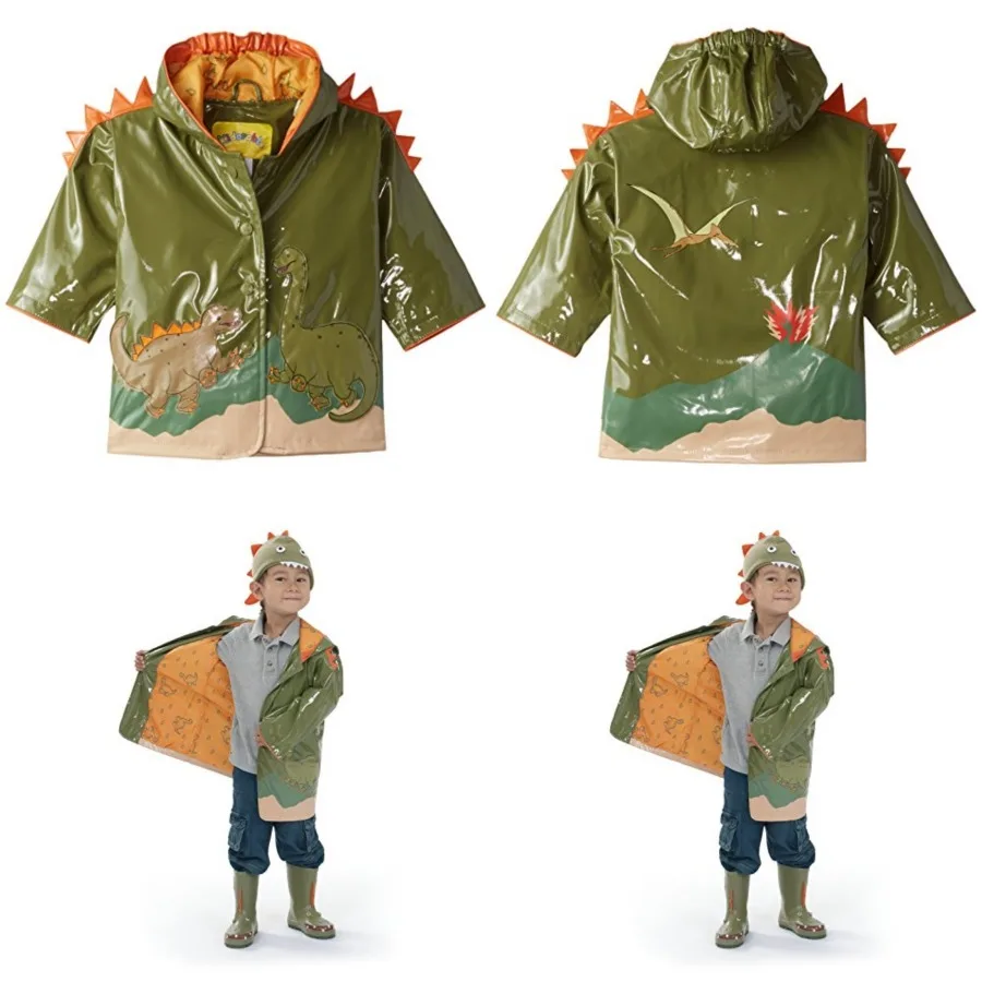 

Kidorable Green Dinosaur PU All-Weather Raincoat for Boys With Fun Dino Spikes and Volcano