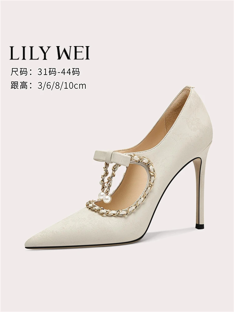 

Spring new pointed shallow cloth pearl chain low-heeled wedding shoes thin high-heeled banquet large size small size women shoes