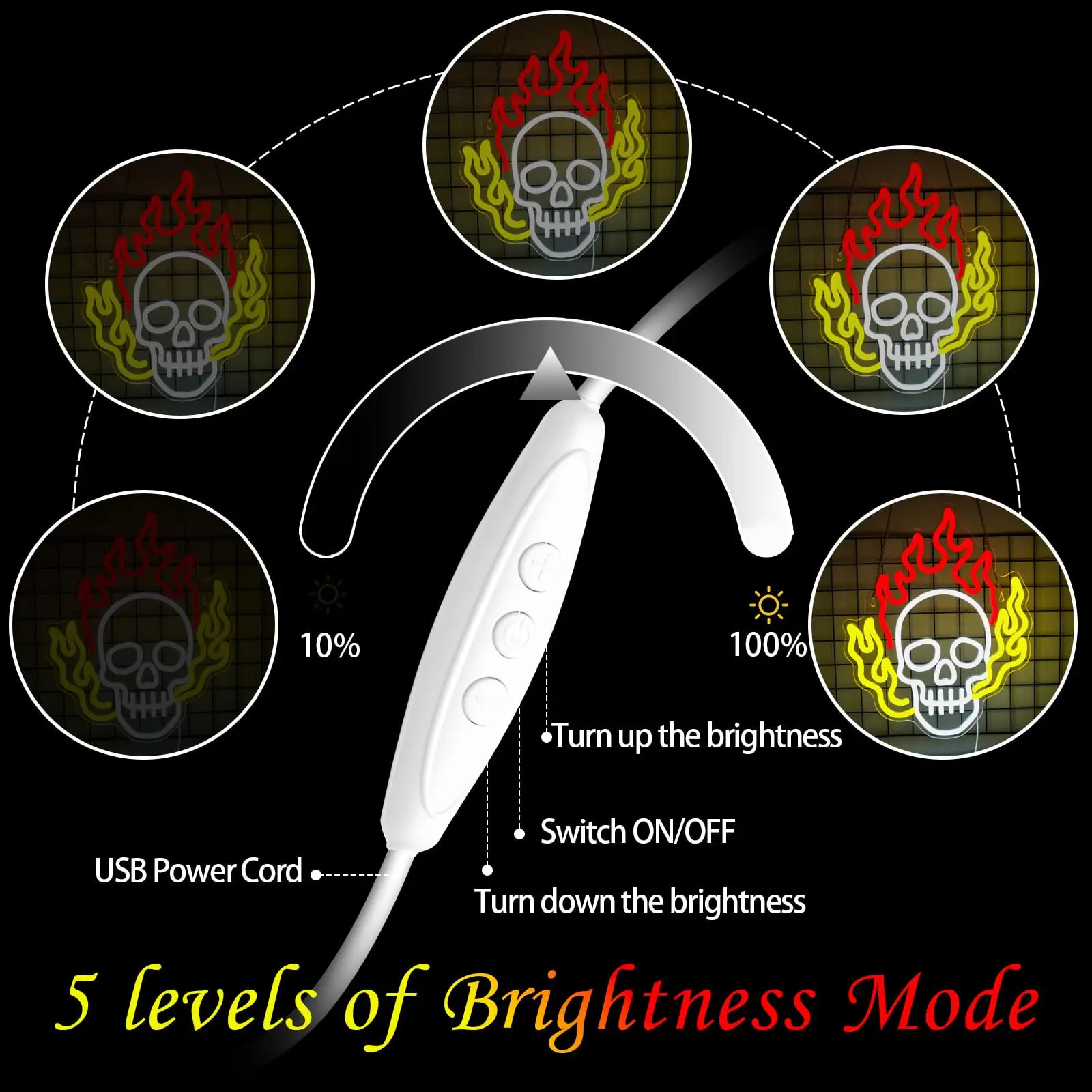 Dimmable Skull Neon Sign - USB LED Light | Ideal for Bedroom, Man Cave, Club, Game Room | Scary Skull Fire Design for Halloween