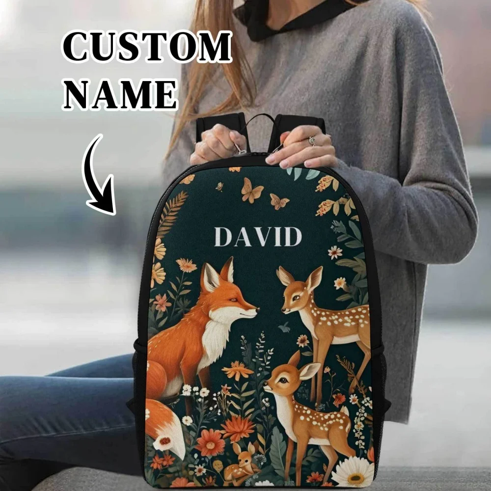 Custom Name Woodland Fox Deer Print Backpack Personalized Large Capacity Casual School Travel Bookbag for Children