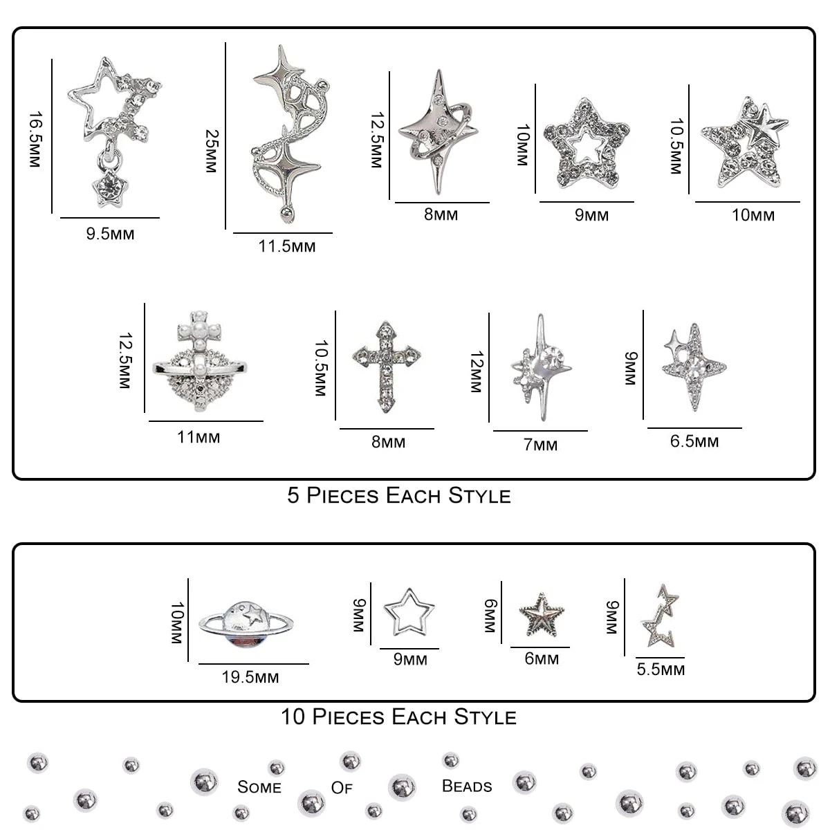 135Pcs Star Nail Charms Rhinestones Gems, Silver Star Planet Cross Nail Decorations Shiny Jewelry for Acrylic Nail Accessories