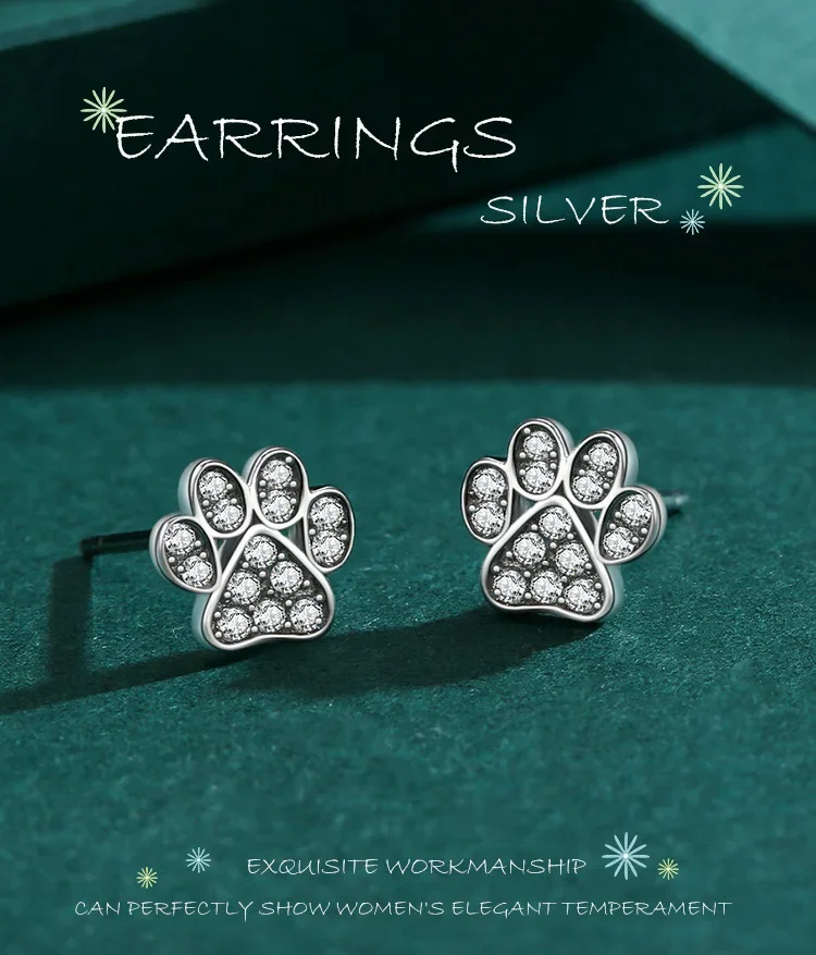 925 Silver Cat Footprint Set with Diamond Earrings, Sweet and Fresh Women's Earrings, Versatile Wedding Jewelry Wholesale