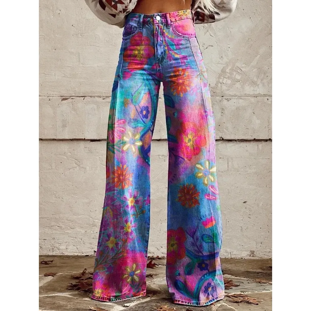 Damen Boho Blumenmuster High-Waist Weite Hose Retro Y2K Western Lässige Loose-Fit Hose mit Taschen Sexy Mädchenhafte Streetwear – Detail 15