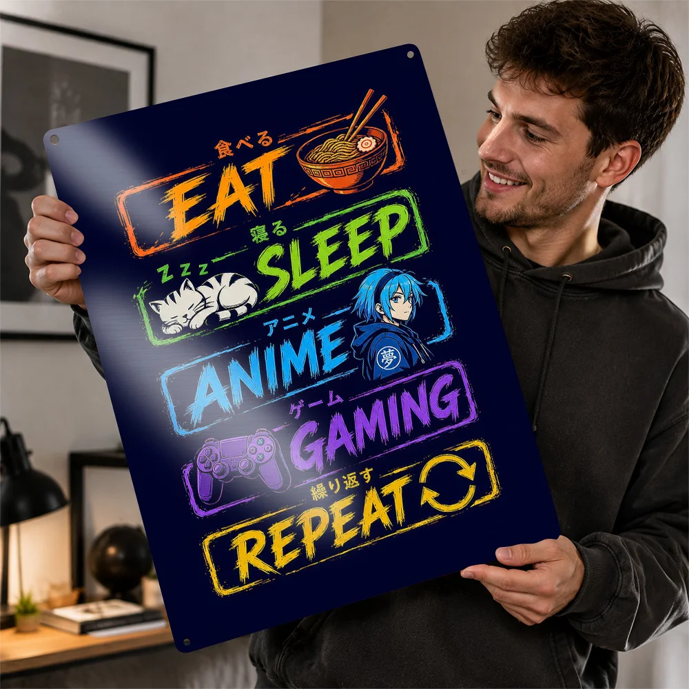 Eat Sleep Anime Gaming Repeat Aluminum Poster Customized Metal Sign Figure Tribute Wall Art Enhances Home Offices And Bedrooms