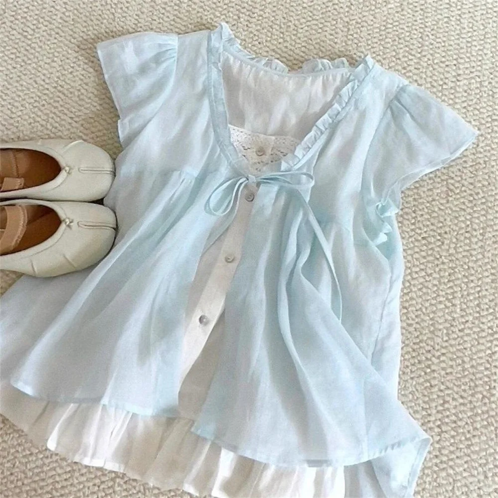 

Korean Fashion Loose Sleeveless Tops Women Sweet Casual Lace Up Solid V-neck Chiffon Top Female Thin Ruffle Blouse Elegant Shirt