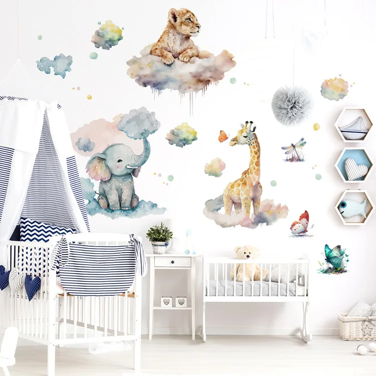 Wasserfarben-Wandaufkleber Elefant Giraffe Tiger für Kinderzimmerdekoration Wandbild Kinderzimmerdekor Cartoon-Tiere Selbstklebende Aufkleber – Detail 2