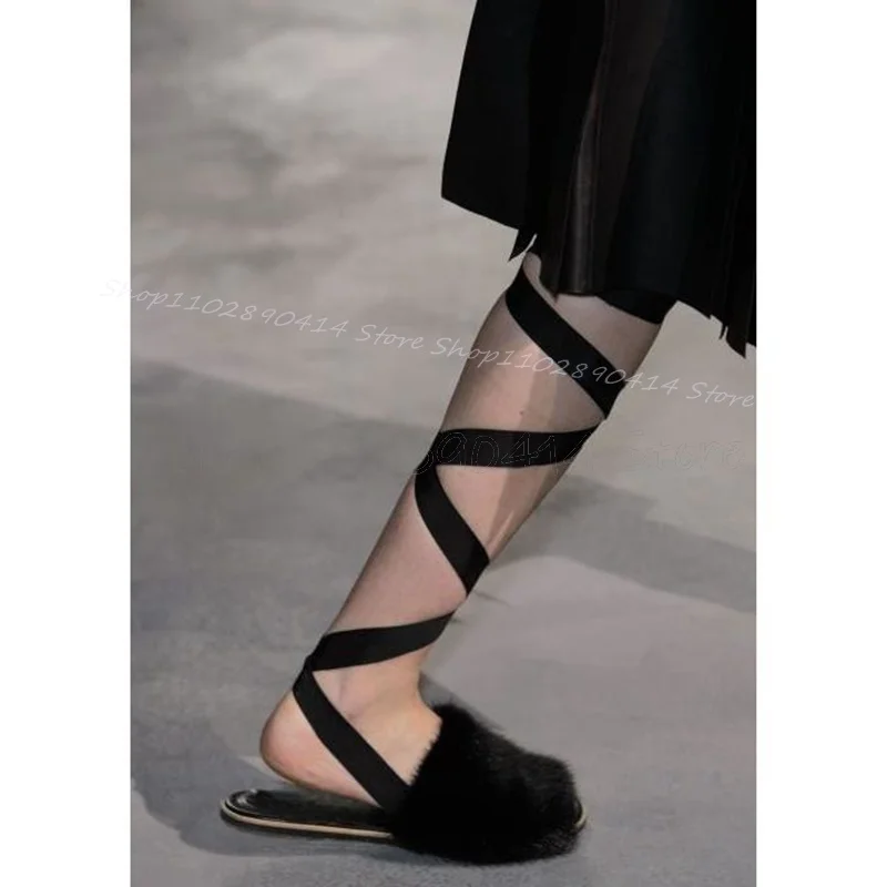 

Black Fur Decor Strappy Twine Slippers Lace Up Women Shoes Low Top Novel Fashion Party Banquet Runway 2024 Zapatos Para Mujere