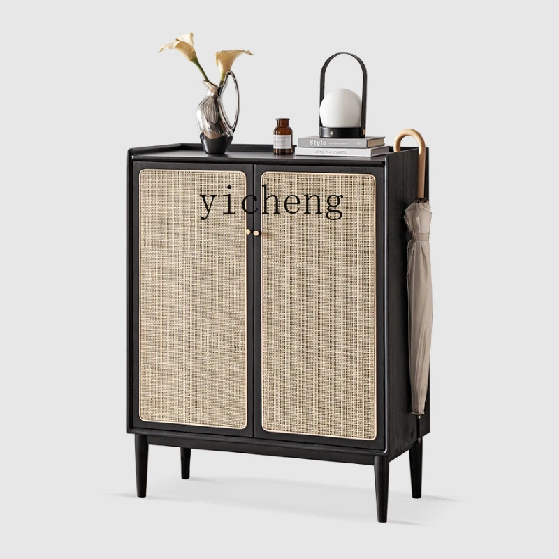 

XL Solid Wood Locker Home Storage Shoe Rack Black Vintage Rattan Entrance Cabinet