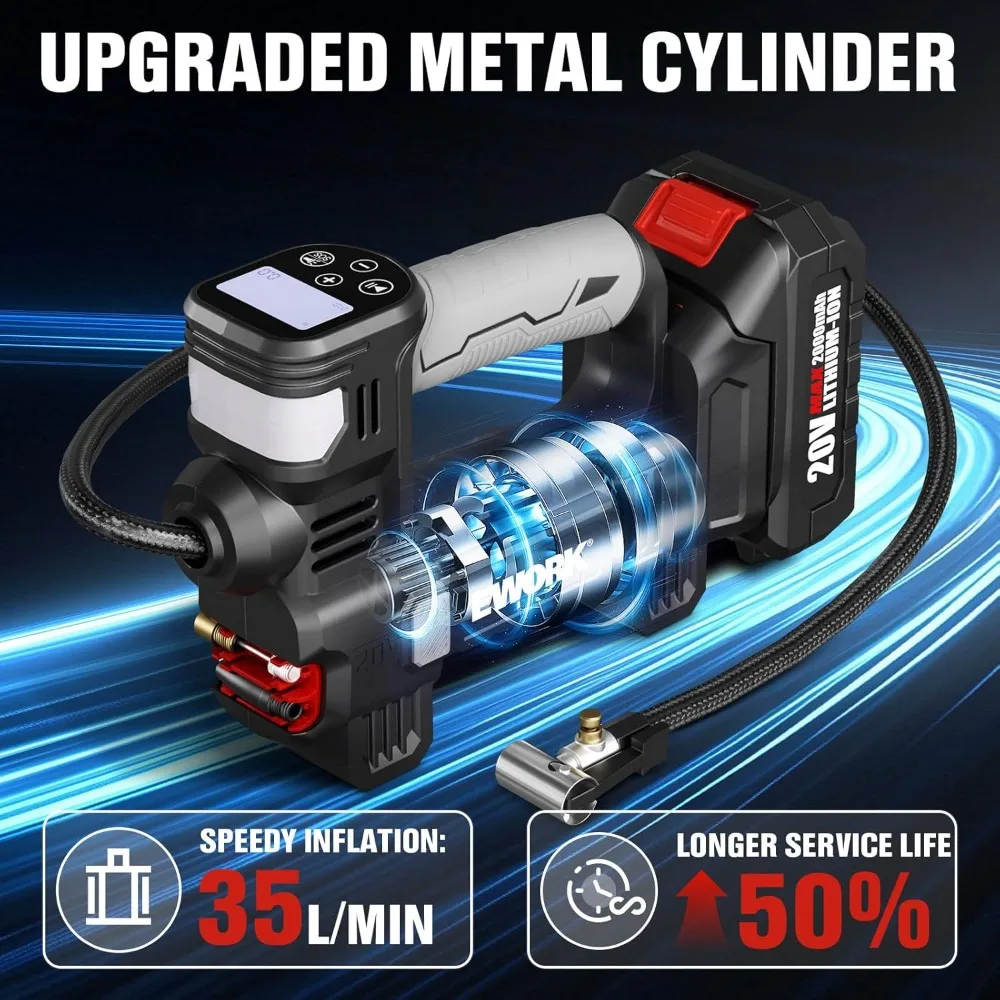 

Портативный беспроводной компрессор для накачивания шин 150PSI с автоматическим отключением, цифровым манометром и LED-подсветкой для автомобиля, мотоцикла, велосипеда, мяча