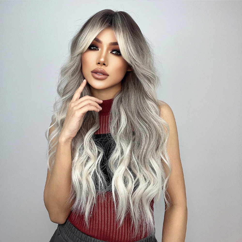Long Curly Wavy Gray Ash Brown Blonde Ombre Synthetic Wigs with Bangs Cosplay Natural Hair Wig for Women Afro Heat Resistant Use