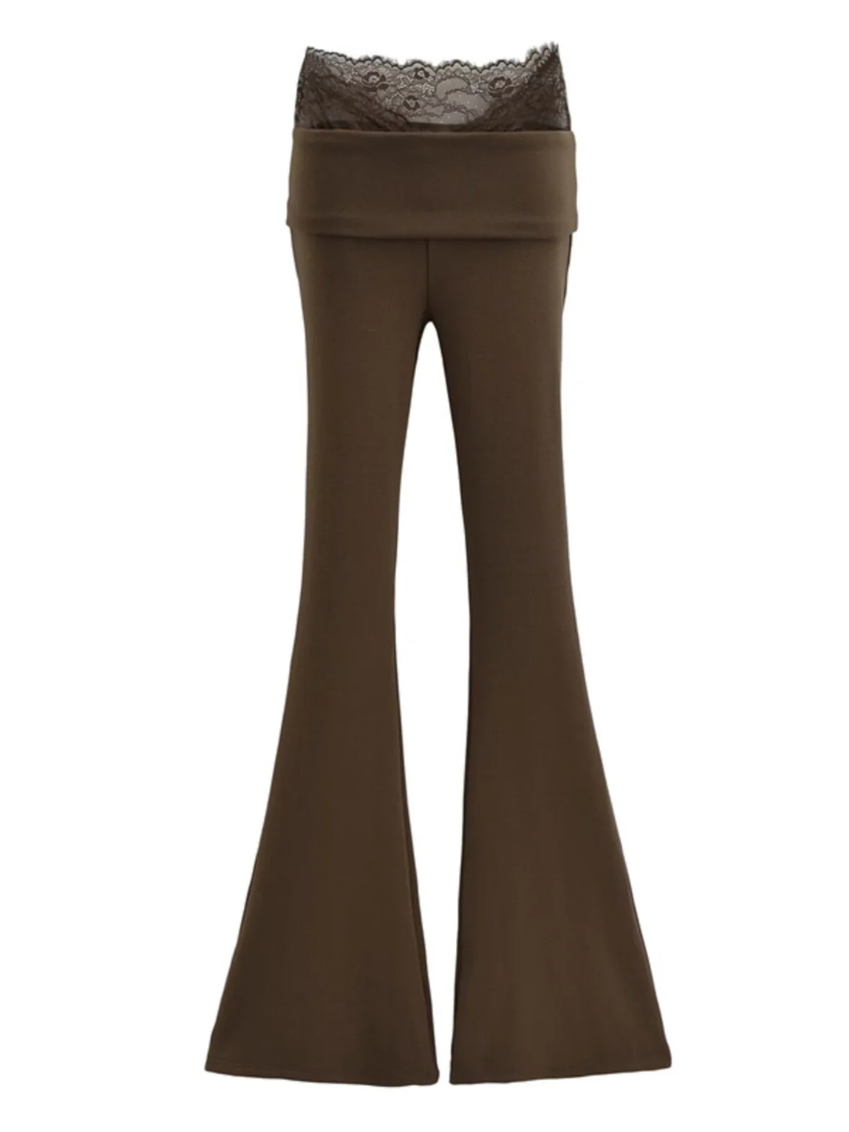 กางเกงขายาวทรงบานเอวสูงผ้าลูกไม้ผสมผสานดีไซน์วี ทรงสลิม ผ้าพลิ้ว สไตล์ลำลอง แฟชั่นสำหรับผู้หญิง