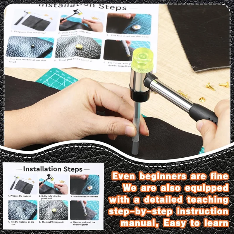 -ABJZ レザーリベット、600個のマルチカラーダブルキャップリベット、中空パンチ付きレザーリベットキット、パンチツール、ゴムハマー