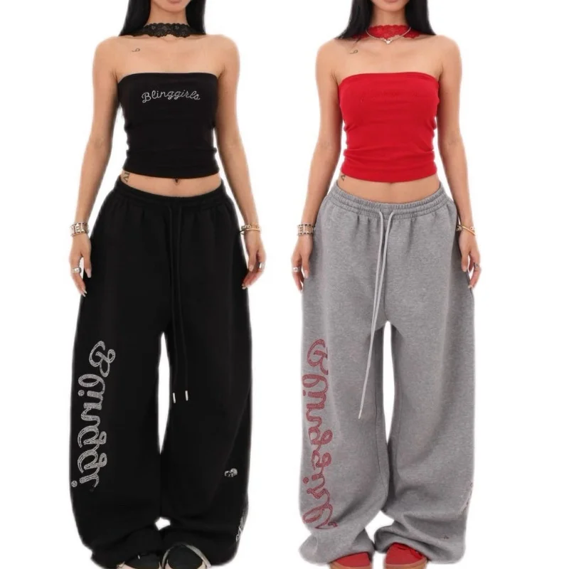 

American Street Dance Trendy Brand Spicy Girl Jazz Loose Casual Rhinestone Straight Leg Pants Hip Hop Sport Sweatpants Women
