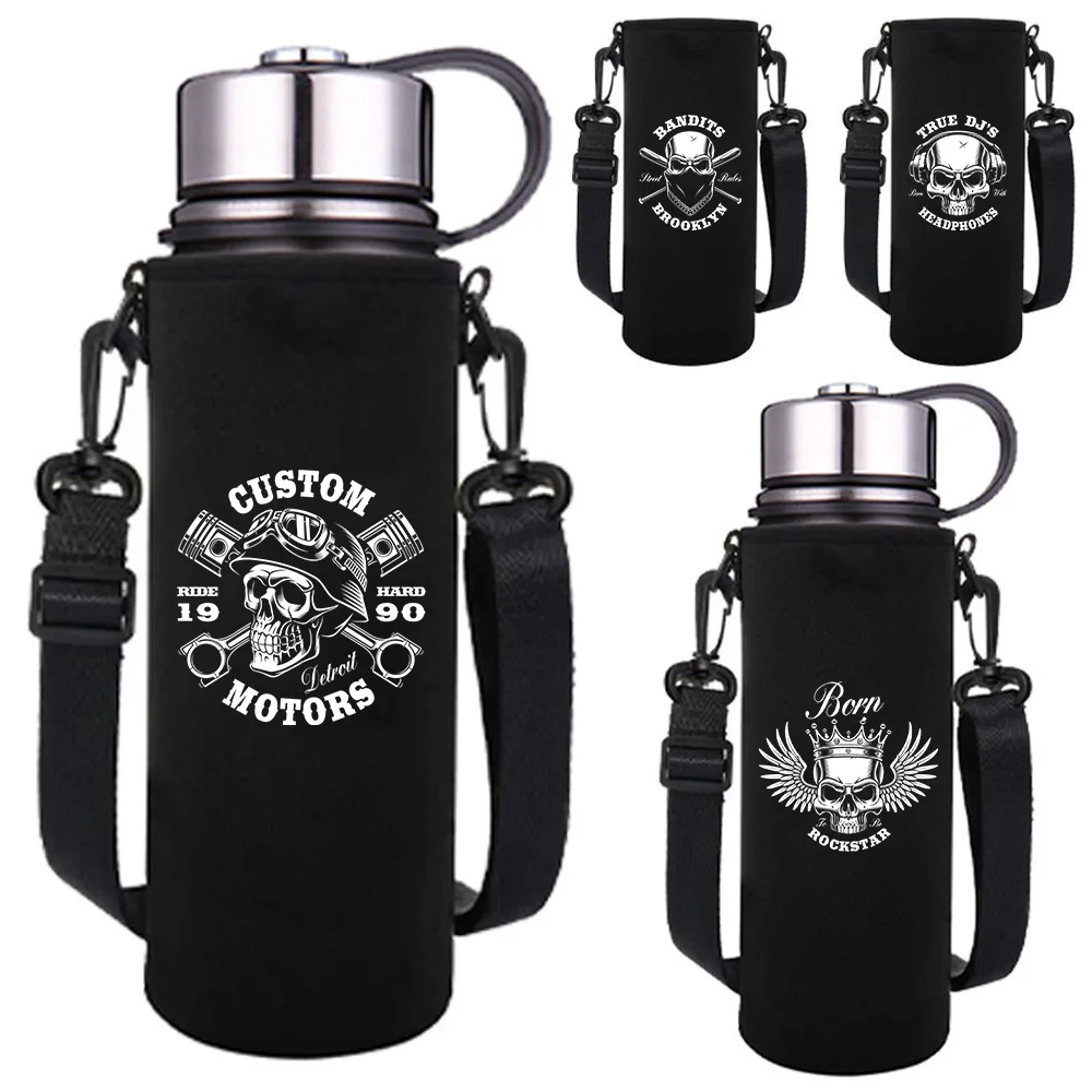 

550-1500ML Insulated Water Bottle Sleeve Adjustable Strap Skull Print Portable Outdoor Water Bottle Carrier for Hiking, Travel