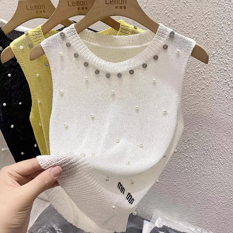 Summer Ice Silk Hollow Knitwear Vest Thin T-Shirt Women's 2024 New High Quality Diamond-Encrusted Pearl Elastic Slim Top