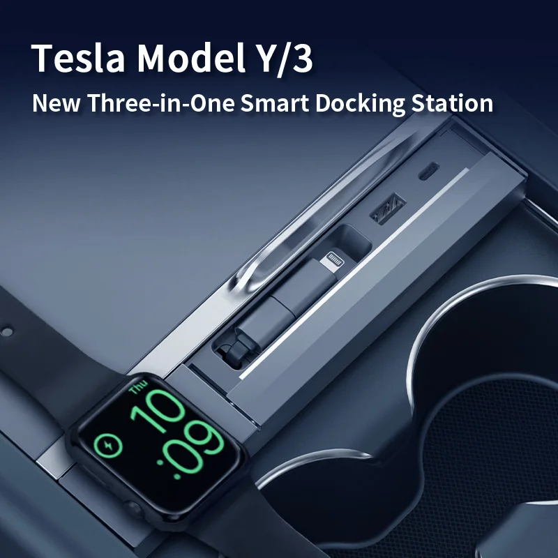 For Tesla Model 3/Y 2025 2026 27W USB Hub with Retractable Cable – 3-in-1 Docking Station Supports Apple Watch Wireless Charging