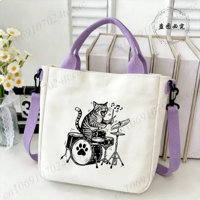 Drummer and Cat Print Tote Bag Women Casual Shoulder Crossbody Bag Mini Canvas Handbag Daily Shopping Fashion Shoulder Bags