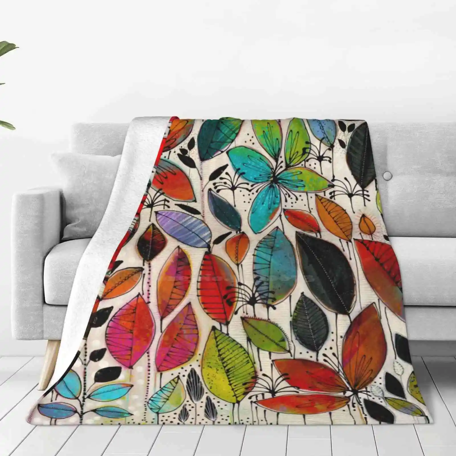 Jump For Joy Creative Design Comfortable Warm Flannel Blanket Trees Botanical Stained Glass Leaves Dar James Dar Hosta