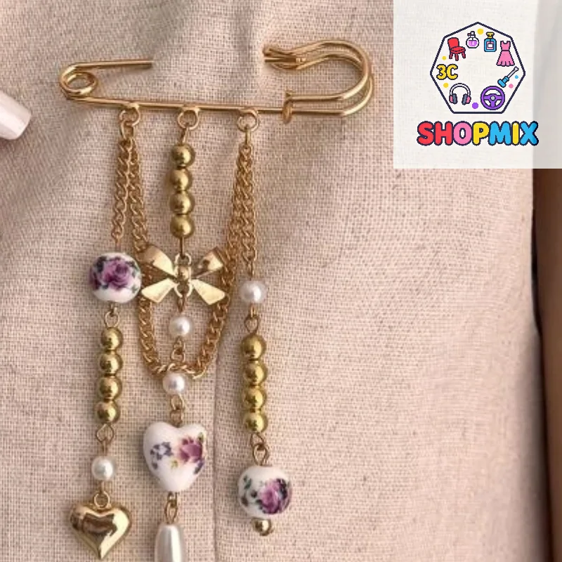 Fiocco Amore Cuore Ciondolo Nappa Catena di metallo Spilla di perle Pin Maglione Collare Clip Spilla Gioielli