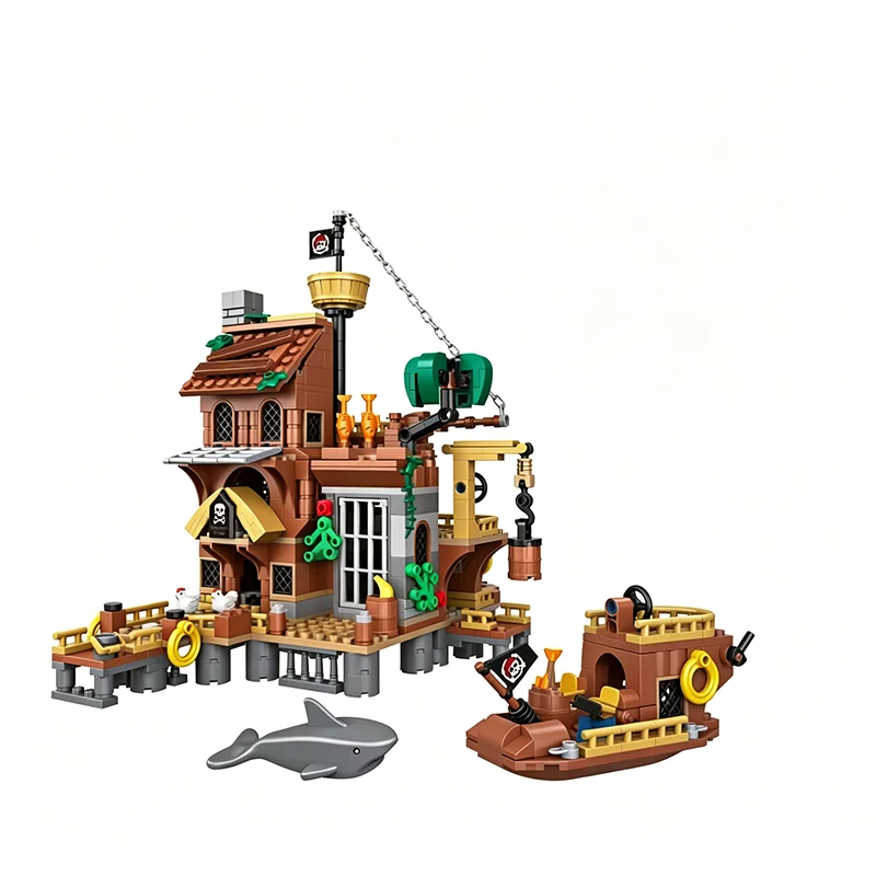 756PCS Medieval Pirate Island Fortress Building Blocks, Ship Castle Log Cabin Model, DIY Adventure Toy, Gift for Boys Teens