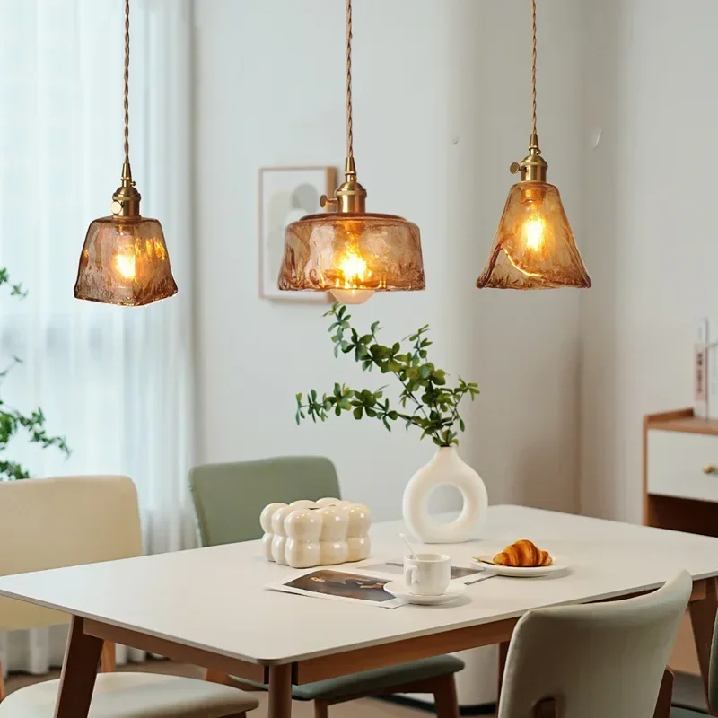 Imagem -04 - Japonês Latão Vidro Pendant Light Led Mesa de Jantar Lustre Retro Brown Única Cabeça Pendurada Luzes Lâmpadas de Cabeceira do Quarto E27