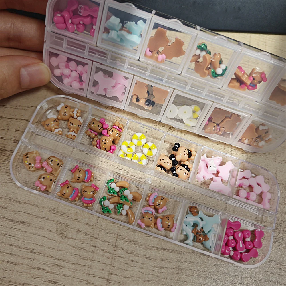 12grid/Box 5DCartoon Tanning Hello Kitty Nail Charms 8X10mm Black Shin  Kitty Nail Art Y2k Pink/White/Black Bow Kitty Nail Parts