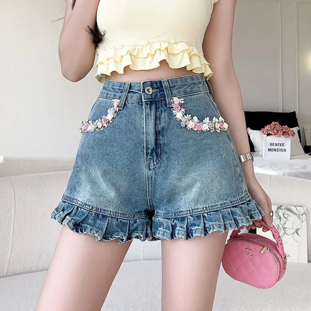 

Japanese Style Ruffles Sweet Denim Shorts Women's Summer 3D Flower Pocket Short Jeans Lady High Waist A-line Wide Leg Hot Pants