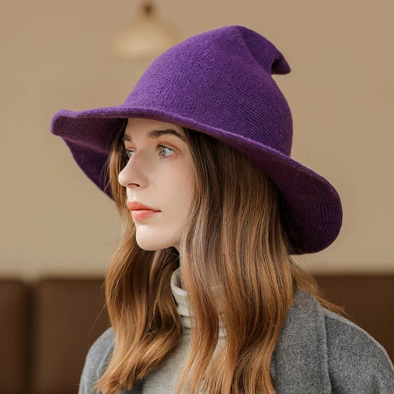 women modern witch hat men Along the sheep wool cap knitting fisherman hat Female fashion witch pointed basin bucket hat