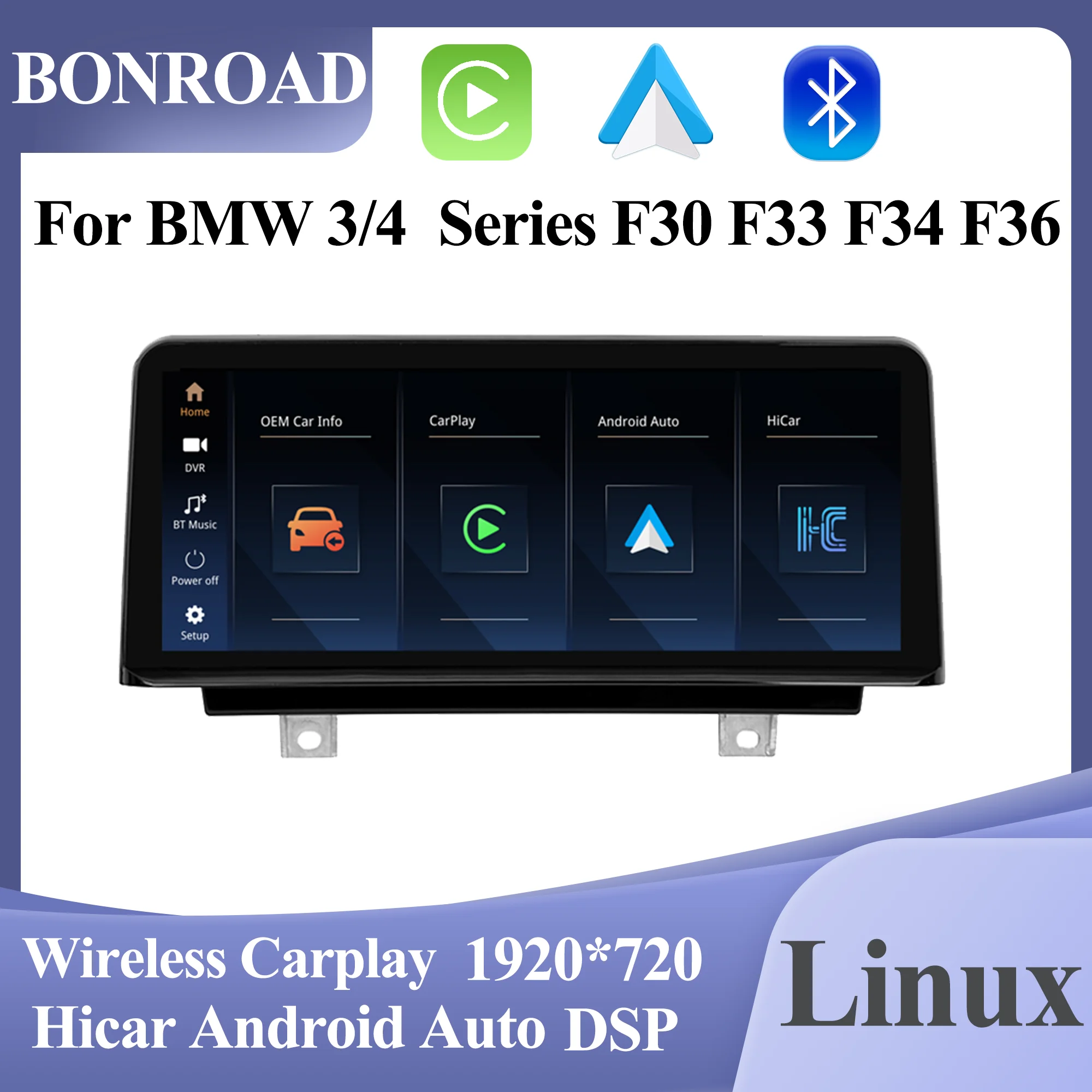 BONROAD Linux Wireless Carplay Android Auto HiCar Car Multimedia GPS Navigation For BMW 3/4 Series F30 F31 F32 F33 F3 F35 F36