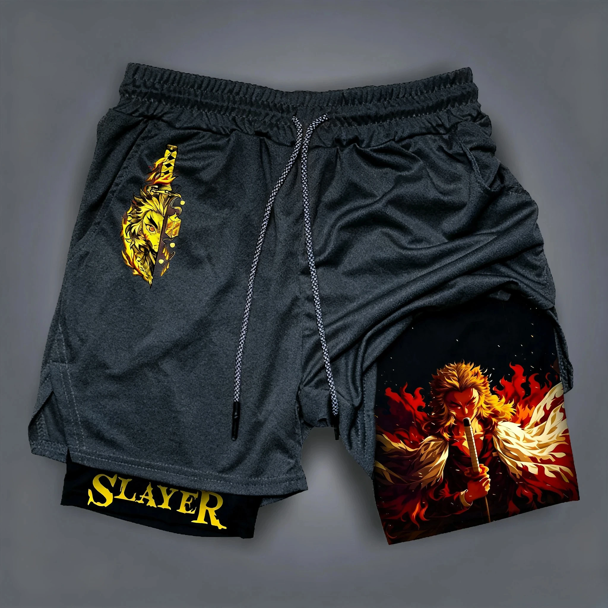 Nova moda verão demon slayer calções de ginásio homem streetwear casual anime impressão shorts dupla camada calças de fitness esportivas y2k