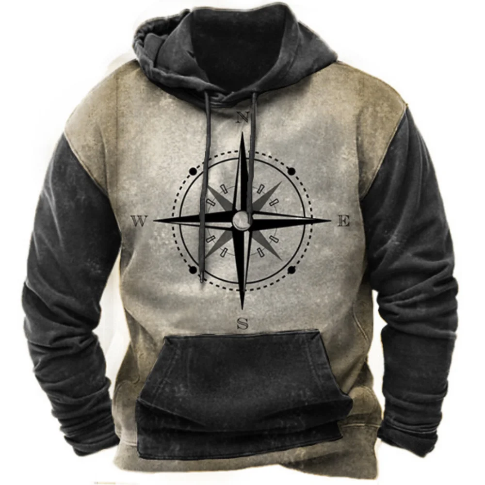Vintage Compass 3D Printing Y2k Hoodie Harajuku Tops Hooded Sweatshirt Oversized Casual Clothes Streetwear Man Sweatshirts
