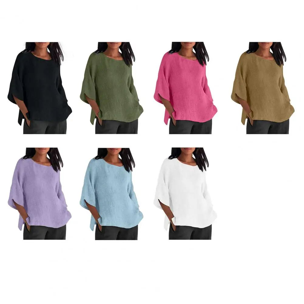 

Женские повседневные блузки из хлопка и льна с круглым вырезом, винтажные топы с коротким рукавом, однотонные свободные летние футболки 2026