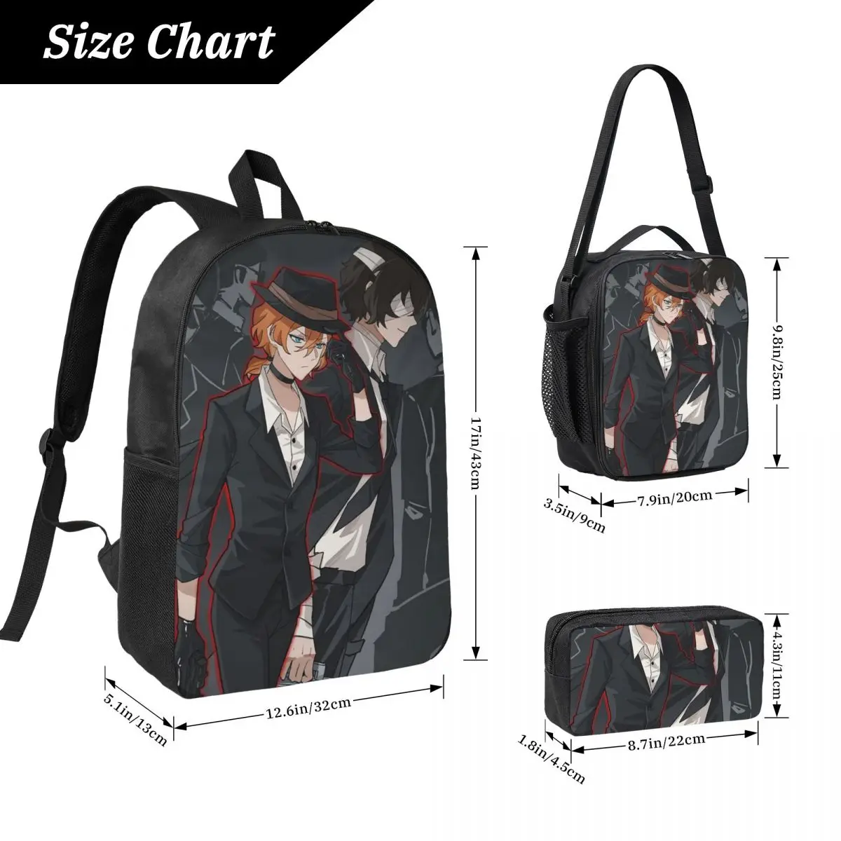 Bungou Stray Dogs Wan Аниме Dazai And Chuuya Рюкзак BookBag Школьная сумка Сумки на плечо 3ps Изолированная сумка для обеда Пенал