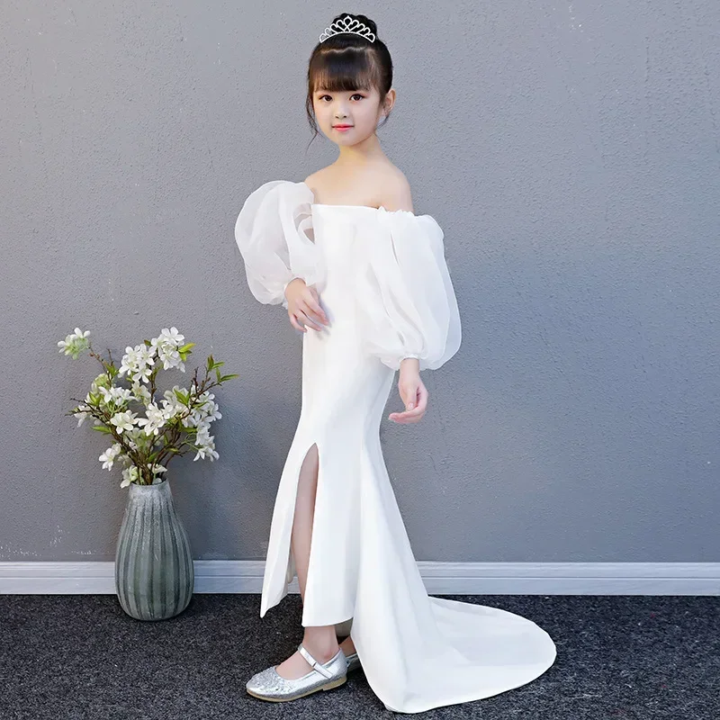 White Mermaid Dress Age for 3- 14 Yrs Teenage Girls Vintage Noble Graduation Gowns Evening Party Kids Irregular Christmas Frocks