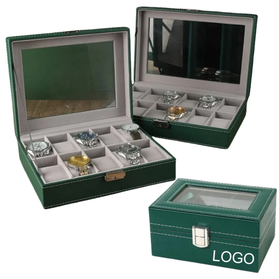 

Portable Women's PU Leather Watch Box 3-12 Grids Custom Logo Personalized Green /Gray High-Grade Watch Storage Display Case