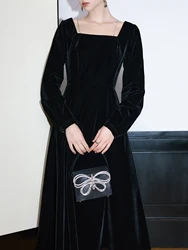 FSLE Women Winter Long Sleeve Dress Square Neck Temperament Black Velvet Dress Neck Chain Design Female Dress 24FS14698