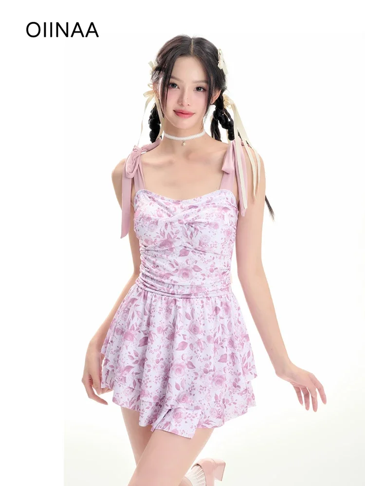 

OIINAA Print Swimwear Women Lace Up Beach Dress Sweet Girls Hot Spring Swimwear Summer 2025 New Japanese Holiday Bathing Suit