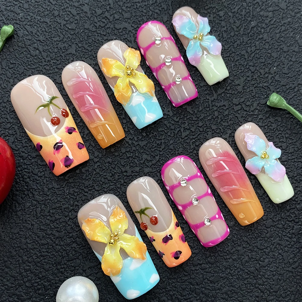 

10PCS Hand Paint Y2K INS UV Carved Gel False Nails Art Exclusive Design Glossy Durable Acrylic 32mm Handmade Press on Nails Set