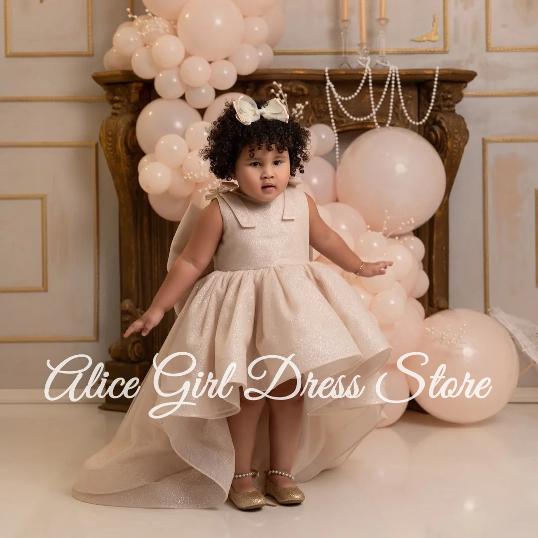 

Customized Shining Pink Flower Girl Dresses for Wedding With Bow High-Low Length Wedding Party Gowns First Communion Baby Wears