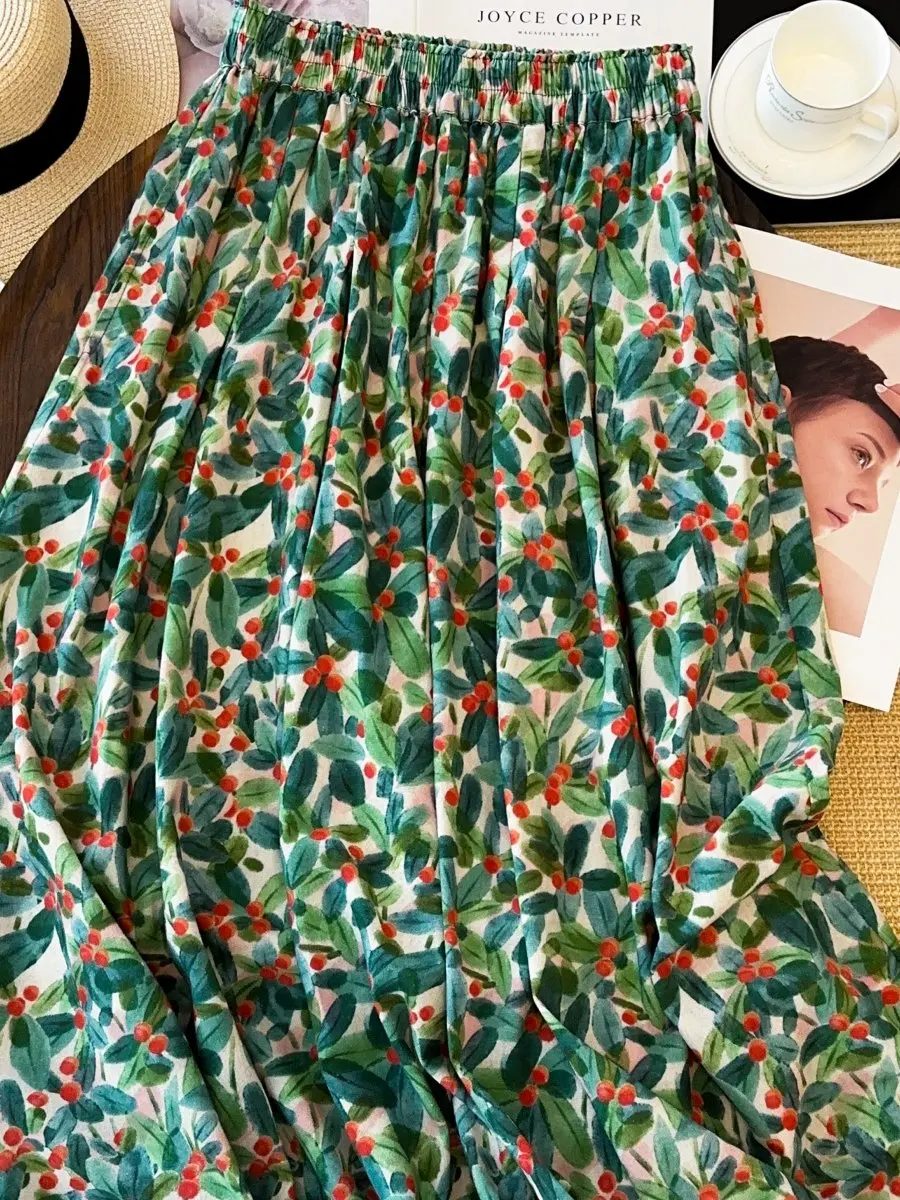 

Loose A-Line Midi Skirt Double Layer Printed plus Size Summer Casual High Waist Skirt for Body Shapes