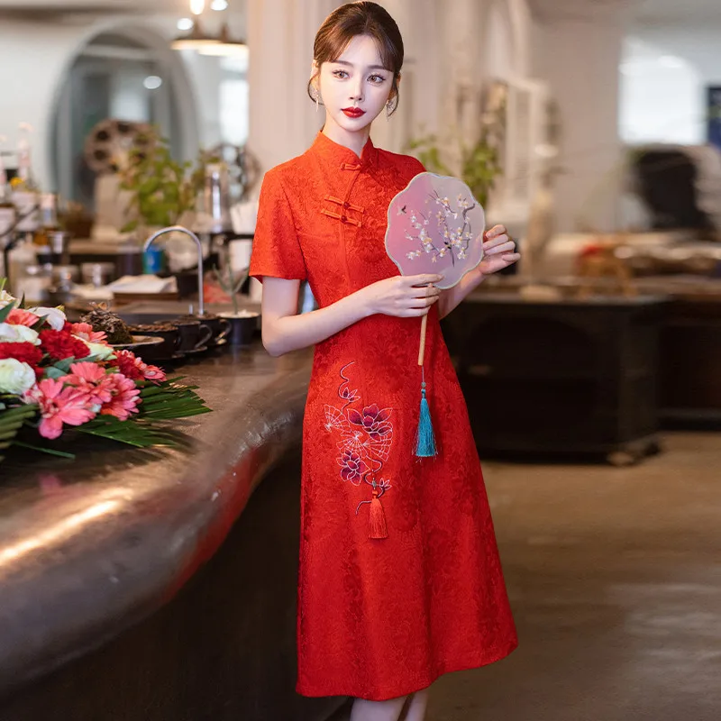 Chinese Traditional Women's Red Lace Short Sleeve Cheongsam Stage Performance Improved Qipao Dress Daily Wearable New Year CNY