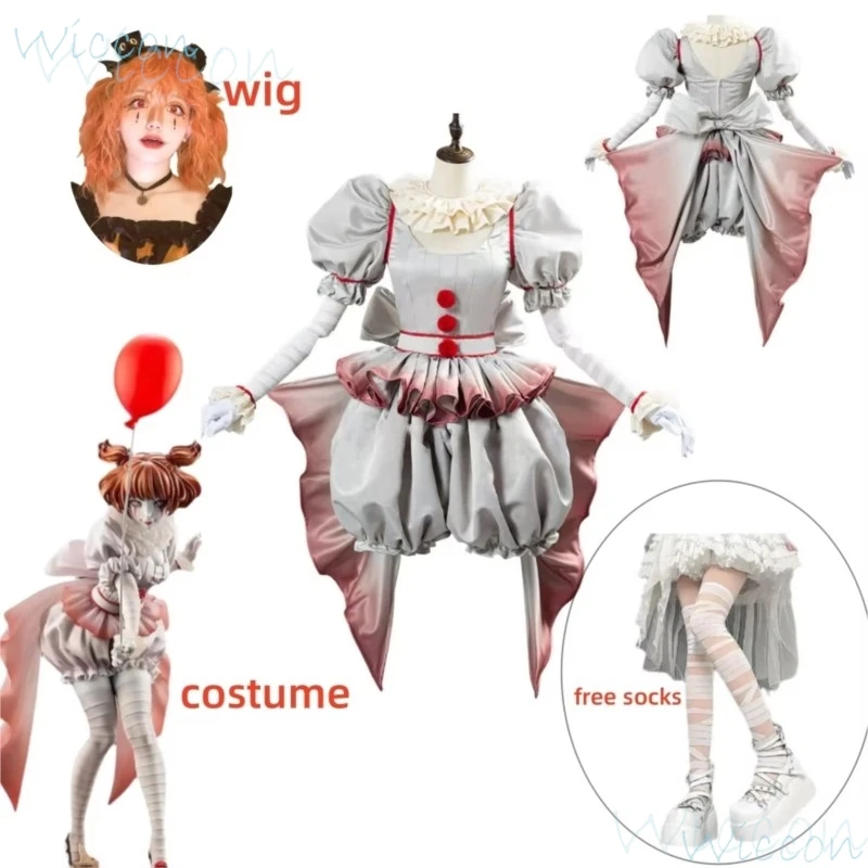 Film Clown Pennywise Cosplay Kostuum Genderswap Halloween Horror Lolita Verkleden Vrouwen Fantasie Jurk Carnaval Feest Volledige Set