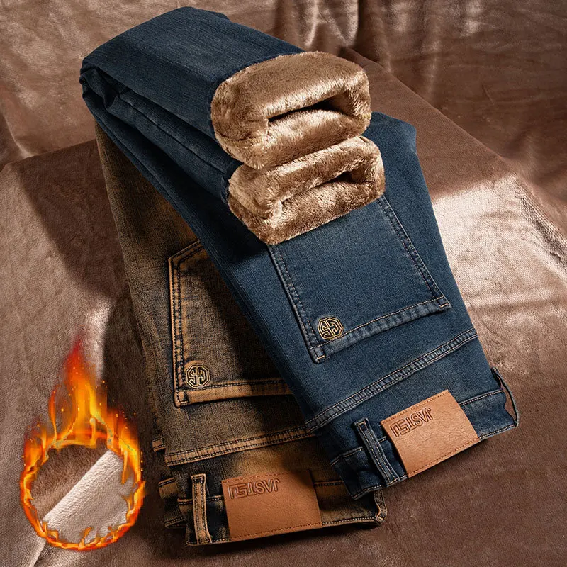 2024 Winter New High-End Fleece Padded Jeans Men's Retro Vintage Warm Anti-Freezing Cold-Resistant Stretch Denim Pants