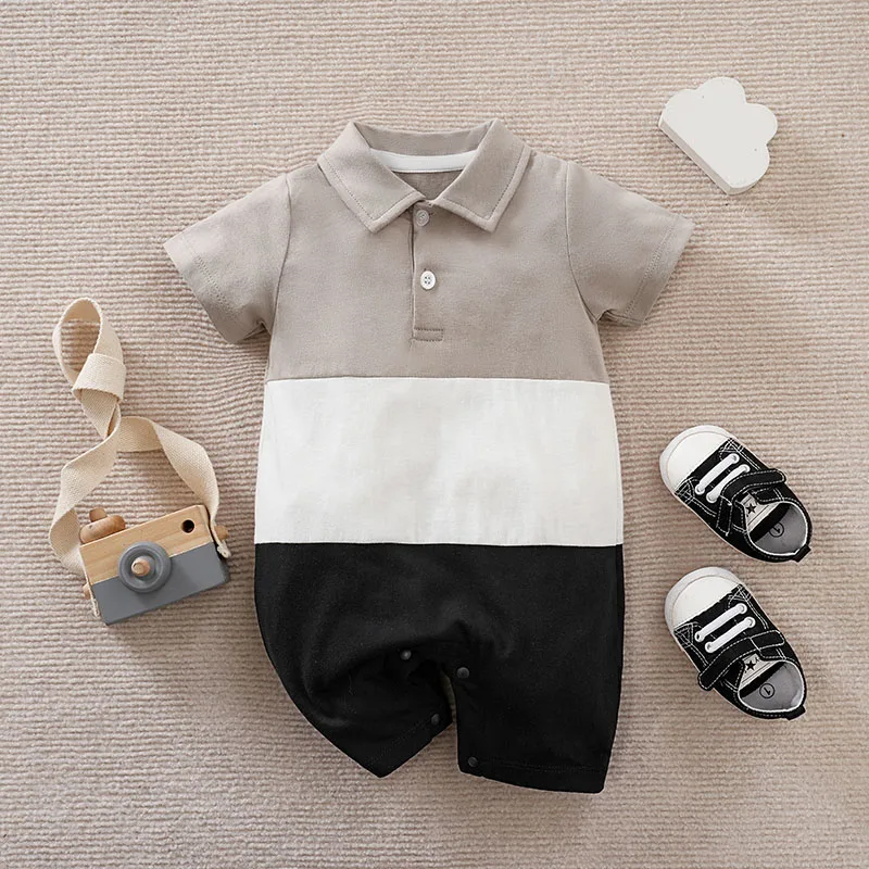 Baby Boys And Girls Newborn Casual Solid Color Patchwork Contrasting Cotton Short Sleeved Summer Jumpsuit For Young Children